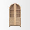 Suri arched curio cabinet in light brown wood with glass doors and drawers