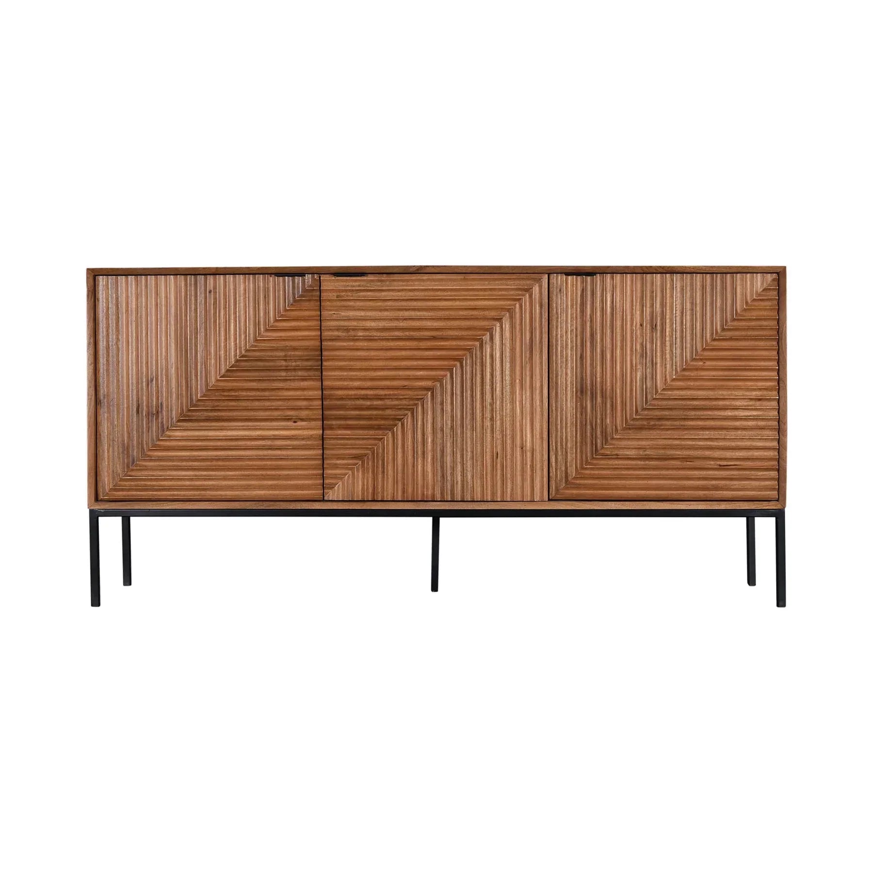 Front view of the Nikita sideboard featuring a warm wood finish with intricate chevron-patterned ribbed door panels and slim black metal legs