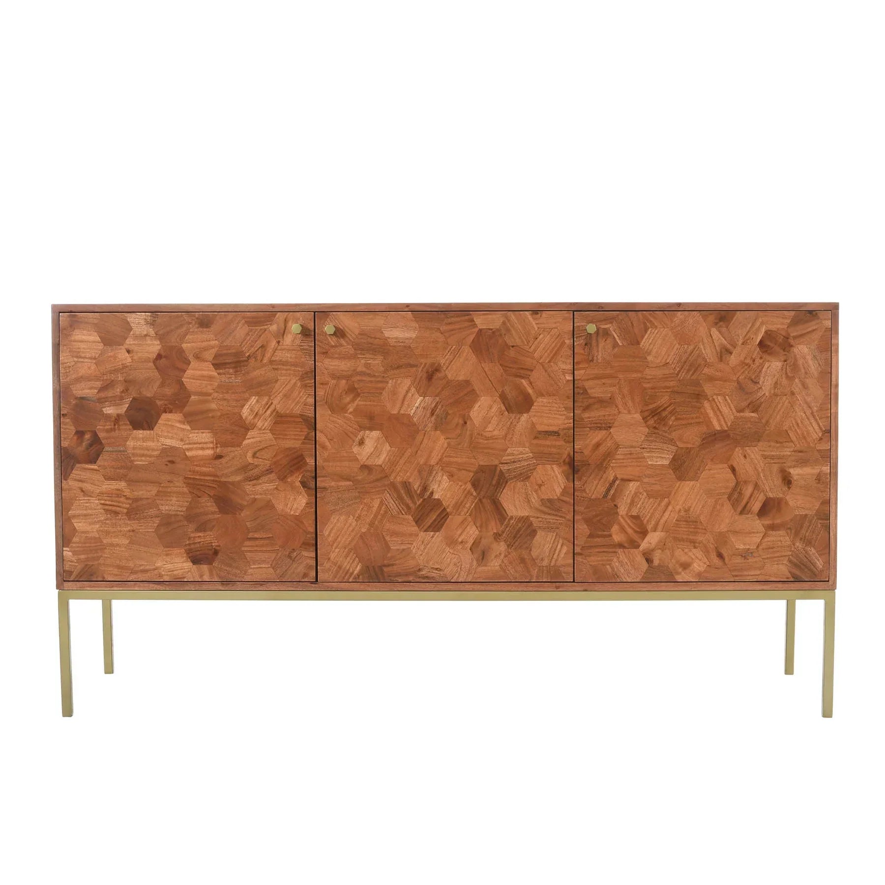 Straight-on front view showcasing the seamless symmetrical hexagonal wood patterns across the three storage doors