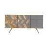 Straight-on front view highlighting the contrast between the natural mango wood chevron doors and the smooth grey drawers