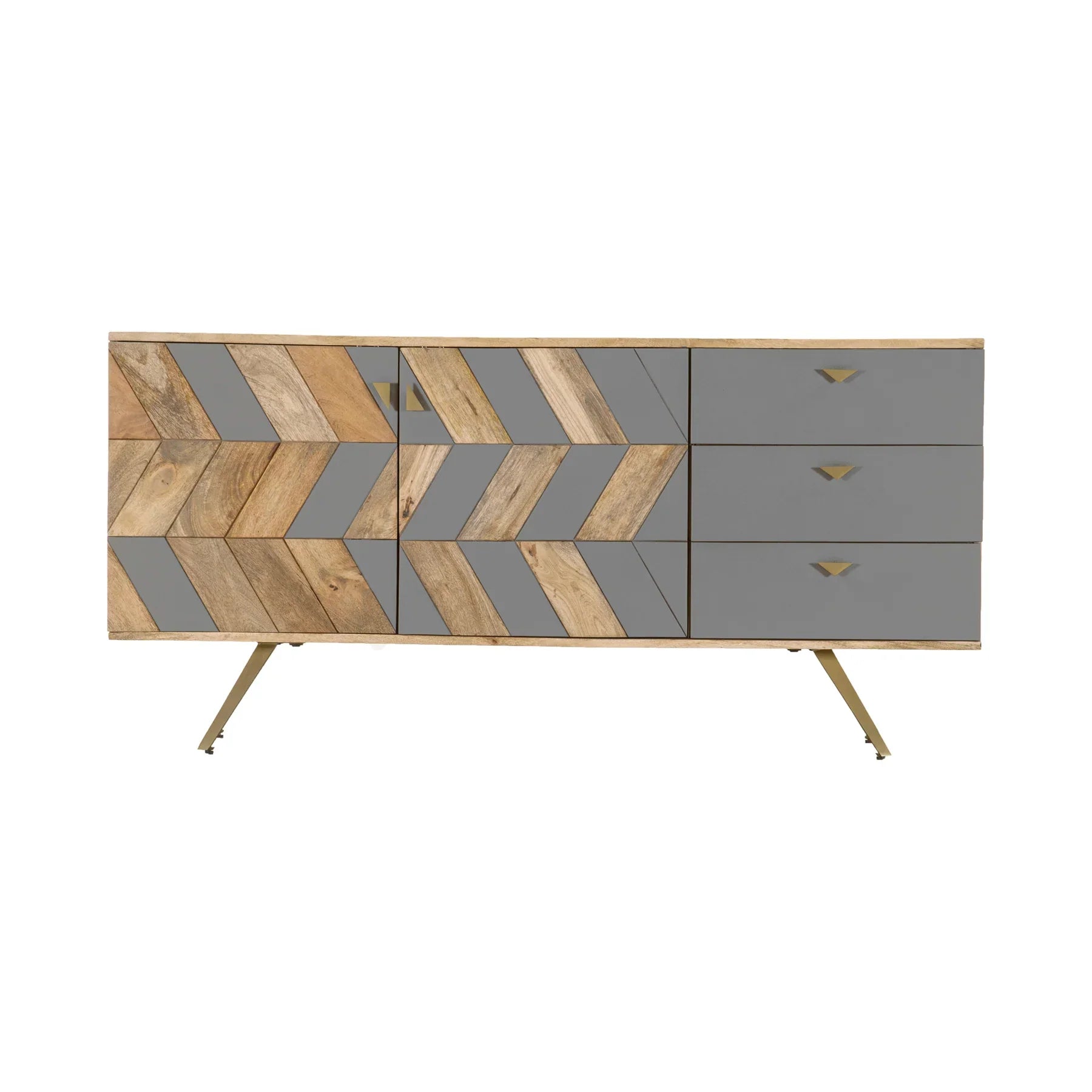 Three-quarter perspective view of the London sideboard featuring a chevron wood pattern combined with solid grey panels and gold tapered legs
