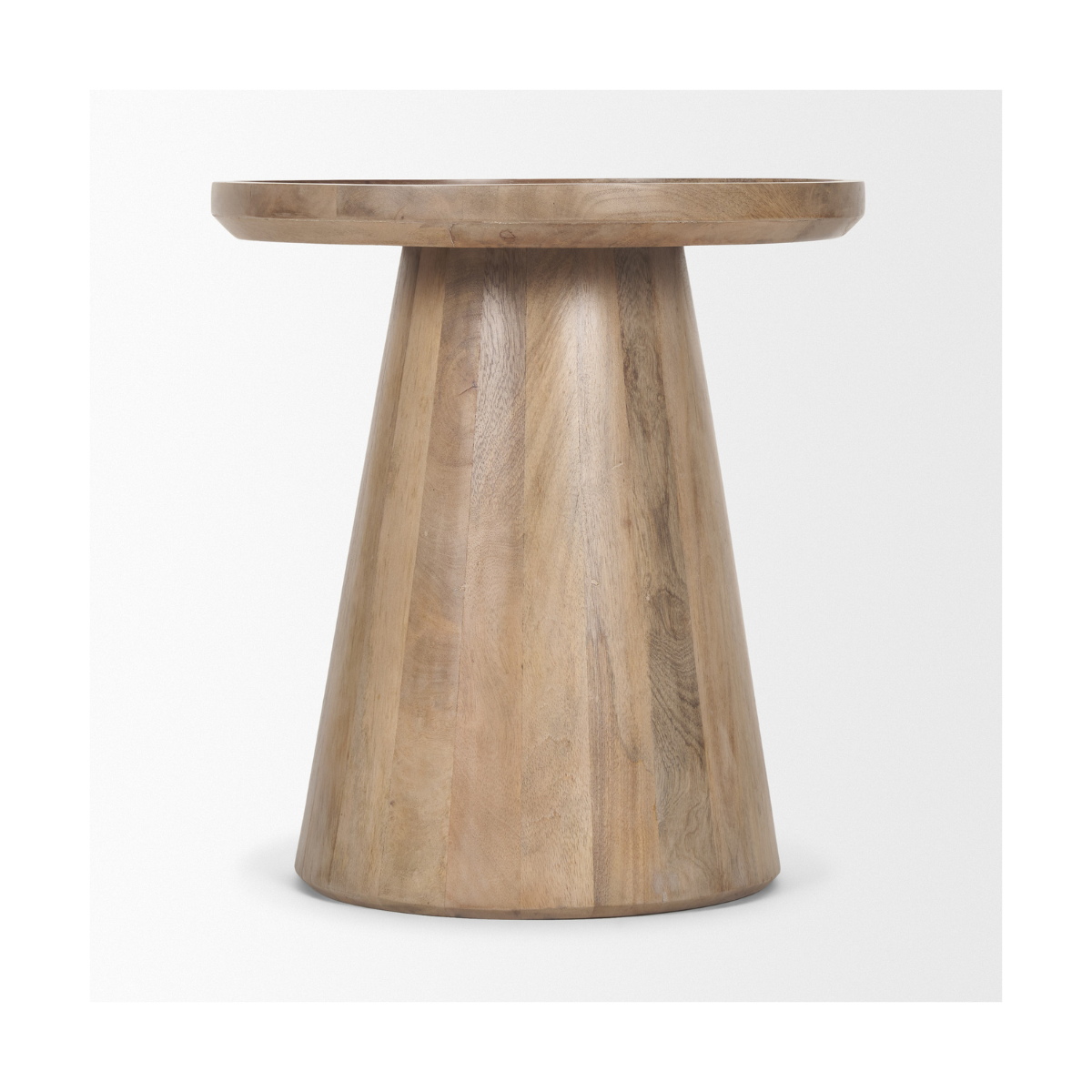 Front view of the Takoda accent table in light brown wood featuring a tapered drum pedestal base and a circular tray-style top