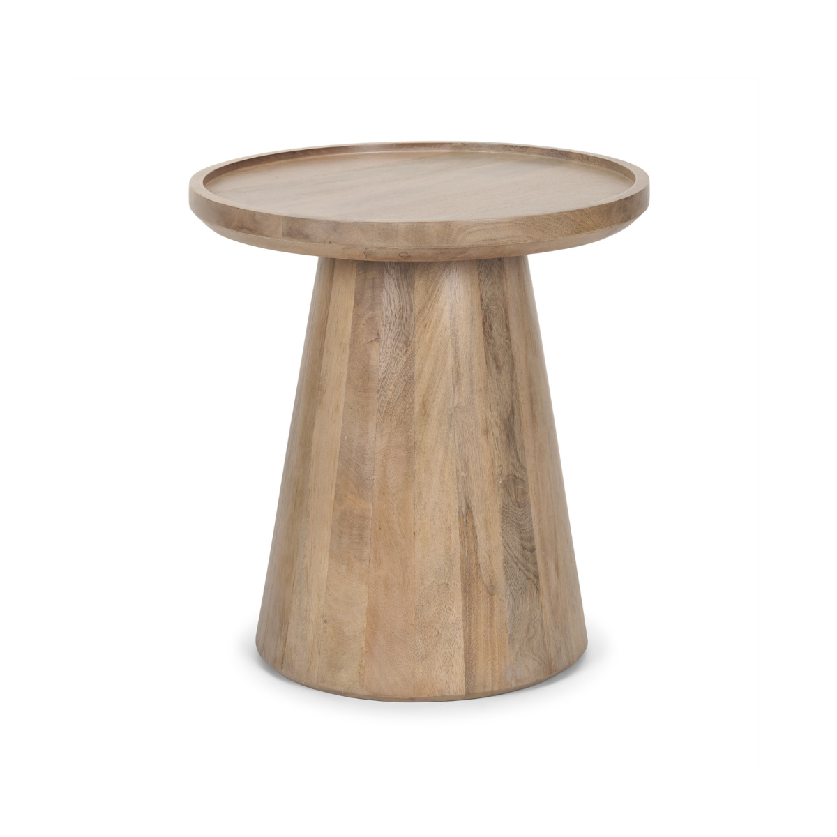 Front view of the Takoda accent table in light brown wood featuring a tapered drum pedestal base and a circular tray-style top