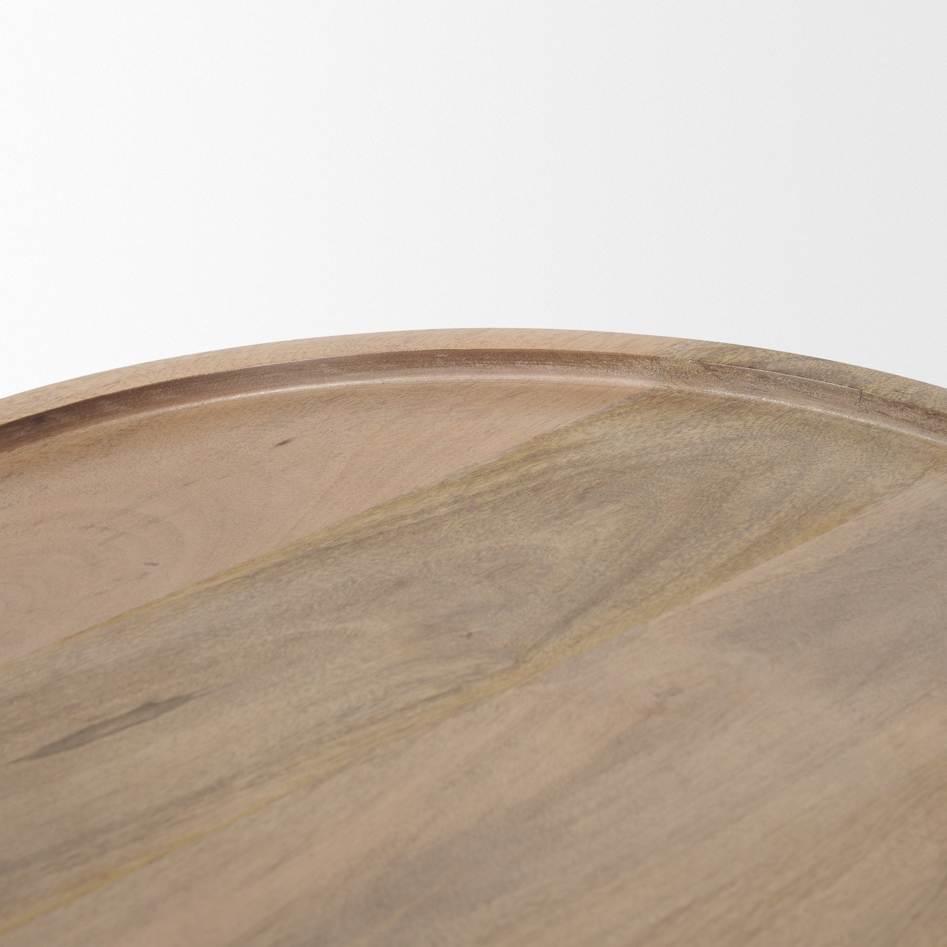 Front view of the Takoda accent table in light brown wood featuring a tapered drum pedestal base and a circular tray-style top