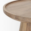 Perspective view highlighting the raised edge of the tray-style tabletop and the smooth light brown finish
