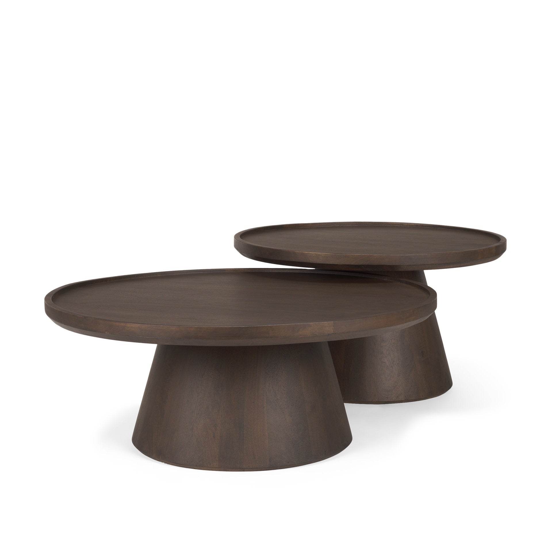 Front view of the Takoda nesting coffee table set featuring two dark brown wood circular tables with tapered pedestal bases