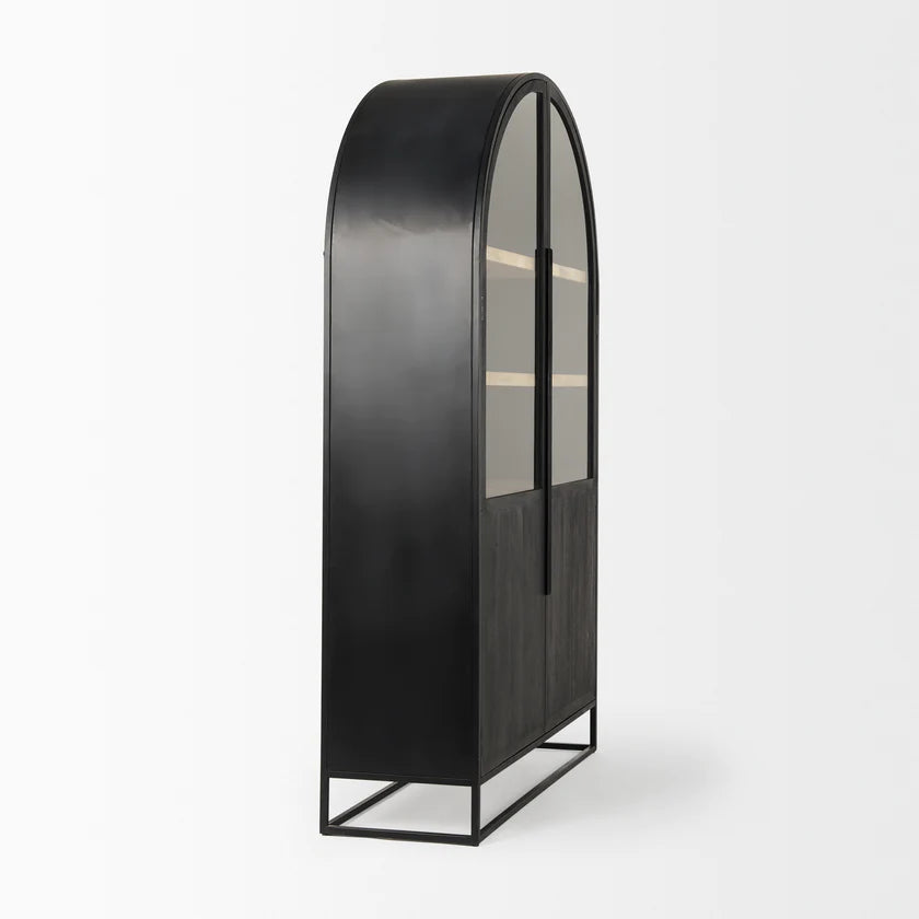 Straight-on front view of the Sloan arch cabinet featuring a matte black finish and natural wood interior shelves
