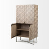Front perspective view with the lower doors open to reveal spacious internal storage and high-quality wood shelving