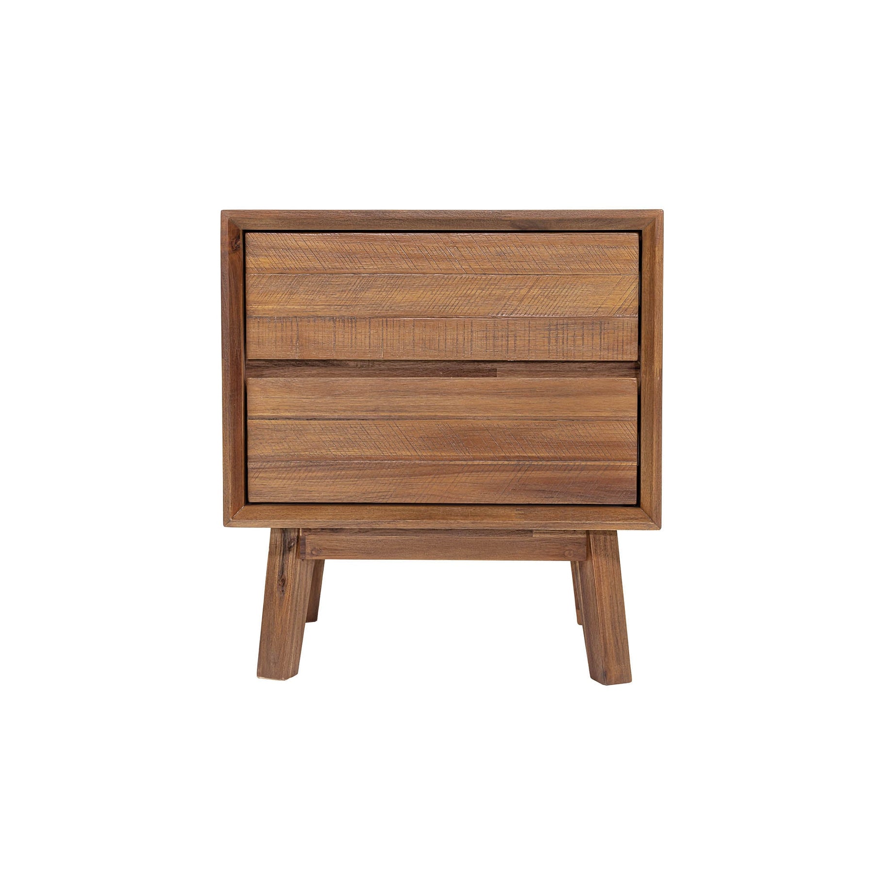 Front view of the Gia 2-drawer nightstand featuring a weathered light oak finish and architectural tapered solid wood legs