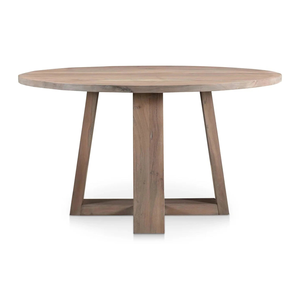 Front view of the Tanya round dining table in a light grey wood finish featuring a minimalist circular top and a sturdy cross-base design