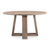Front view of the Tanya round dining table in a light grey wood finish featuring a minimalist circular top and a sturdy cross-base design