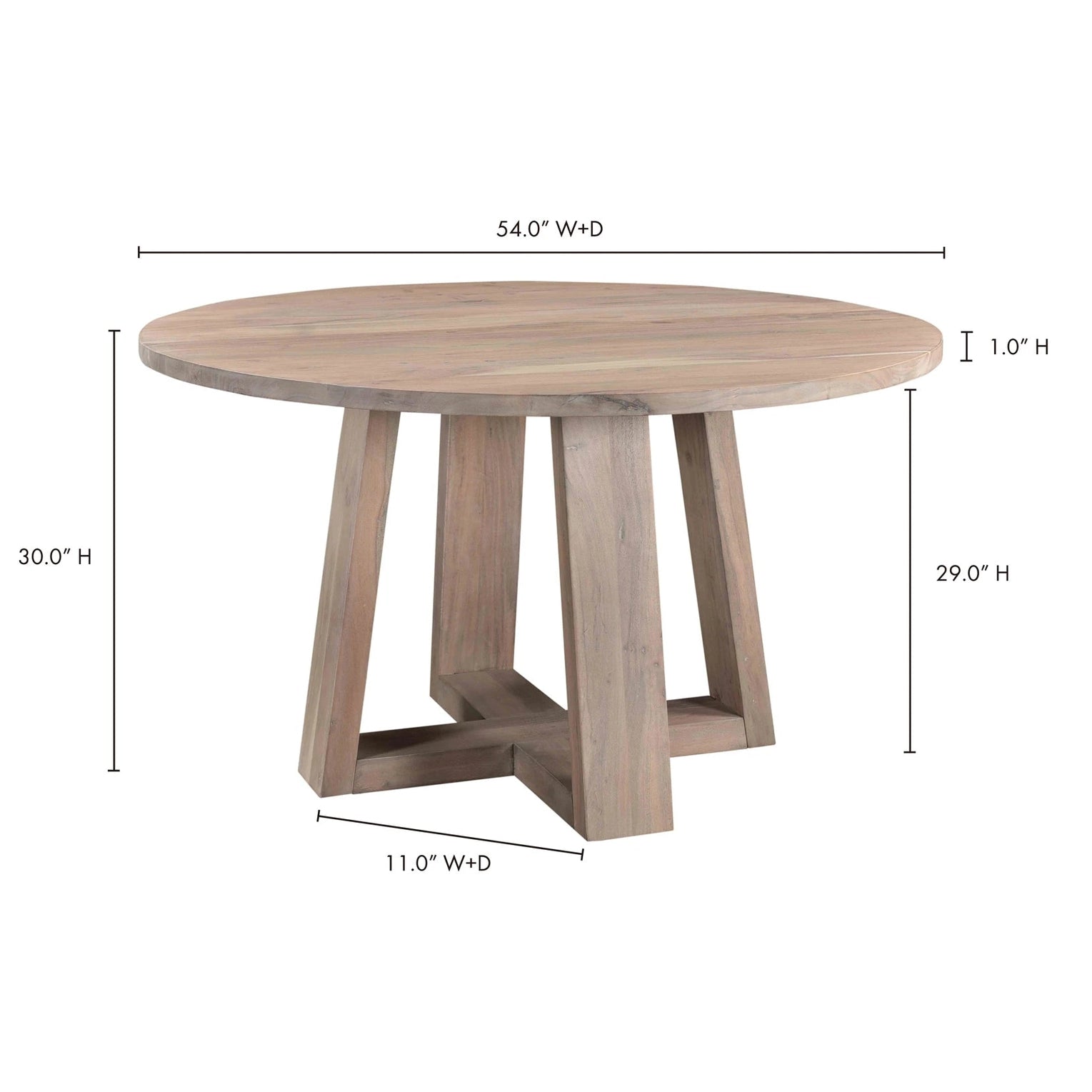 Front view of the Tanya round dining table in a light grey wood finish featuring a minimalist circular top and a sturdy cross-base design