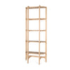 Straight-on front view of the Taylin open bookshelf in light brown solid wood featuring five tiers of rounded shelving and a minimalist arched base frame