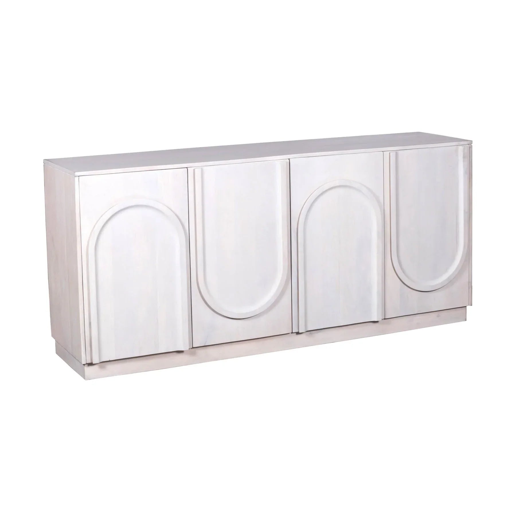 Three-quarter perspective view of the Tempo sideboard featuring a light white wash finish and architectural arched carved door panels