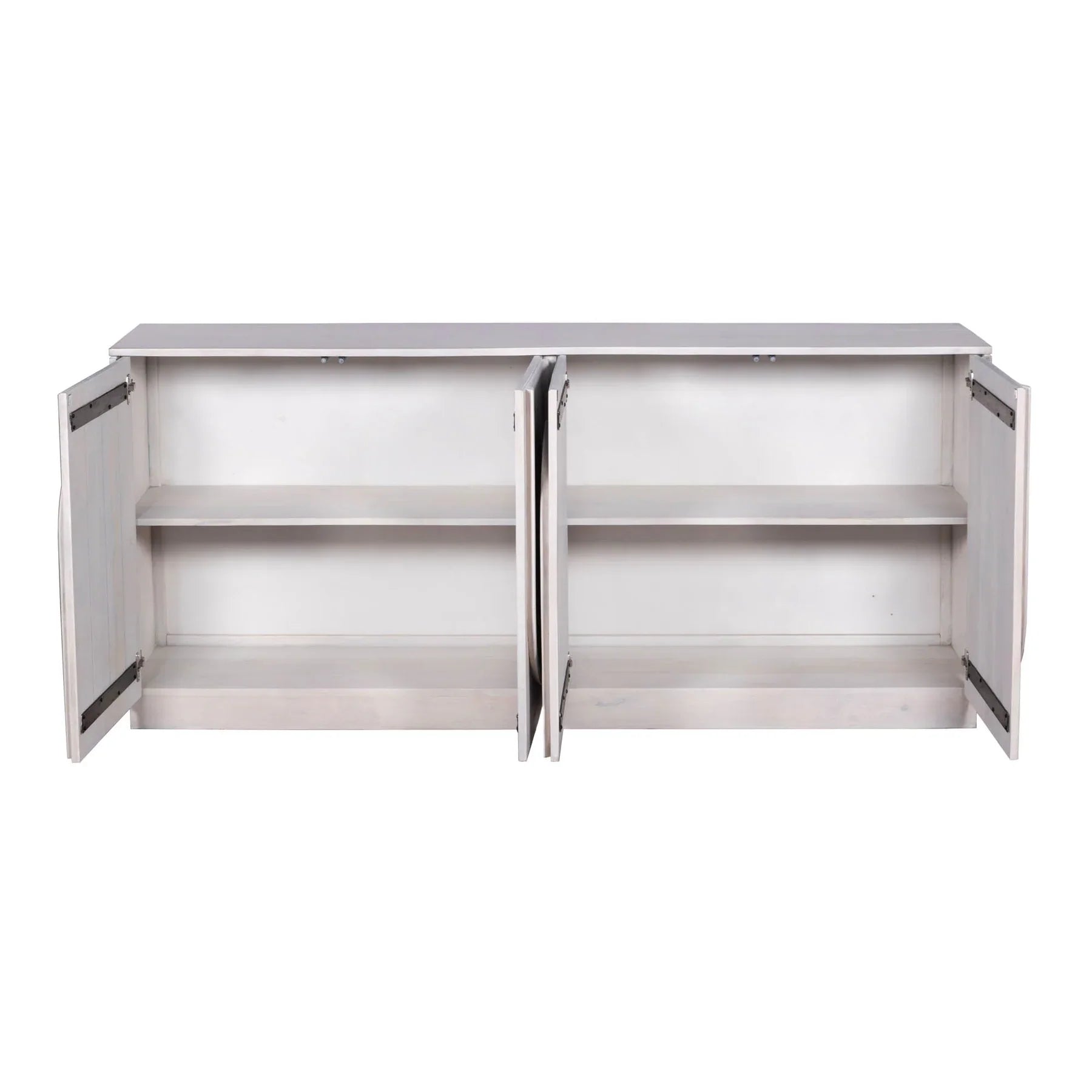 Three-quarter perspective view of the Tempo sideboard featuring a light white wash finish and architectural arched carved door panels