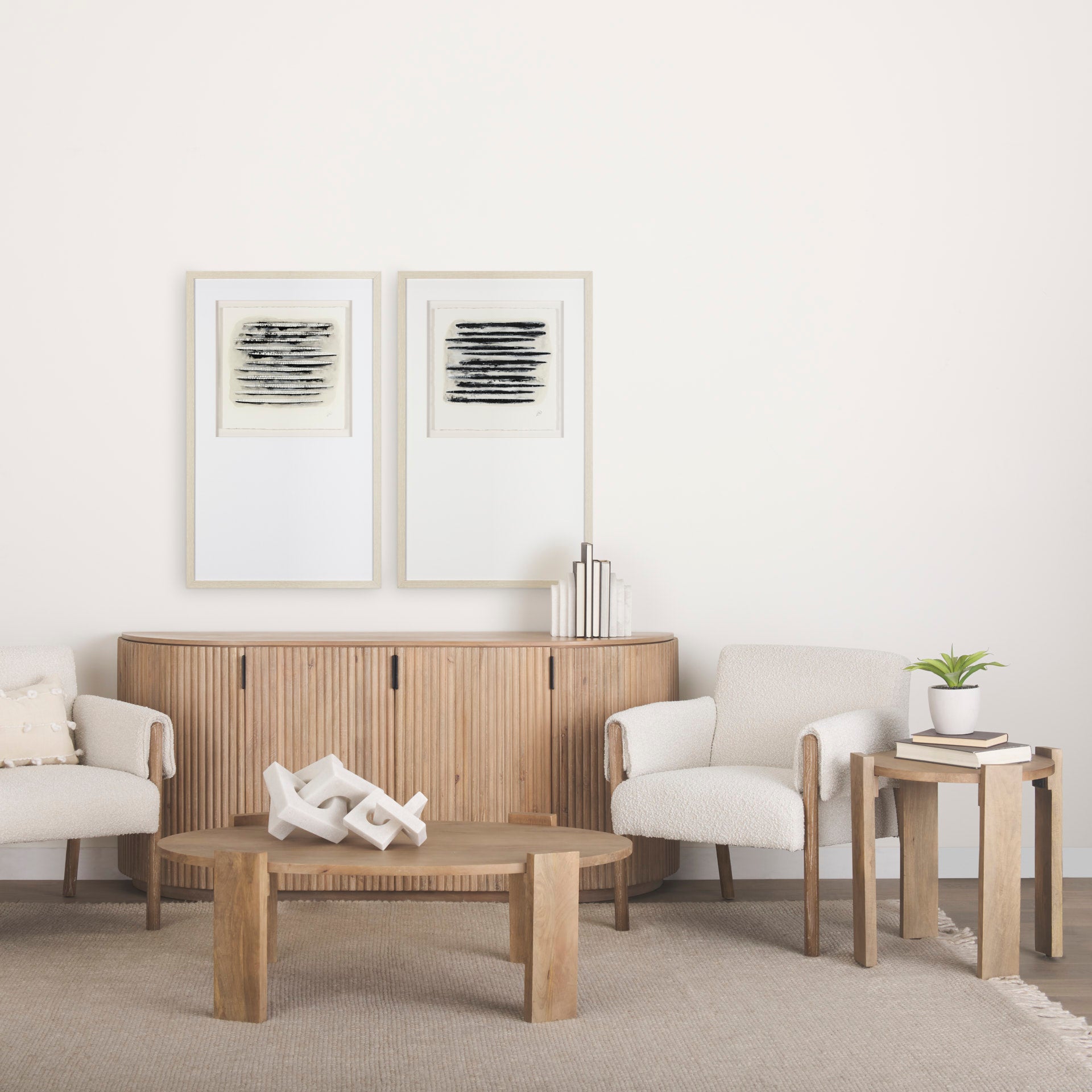 Terra light brown wood fluted sideboard front view with curved ends