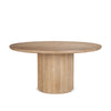 Front view of the 60 inch Terra round dining table featuring a light brown wood finish and a thick fluted cylindrical pedestal base