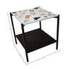Product shot of the white mosaic table with overlay lines indicating height and width dimensions