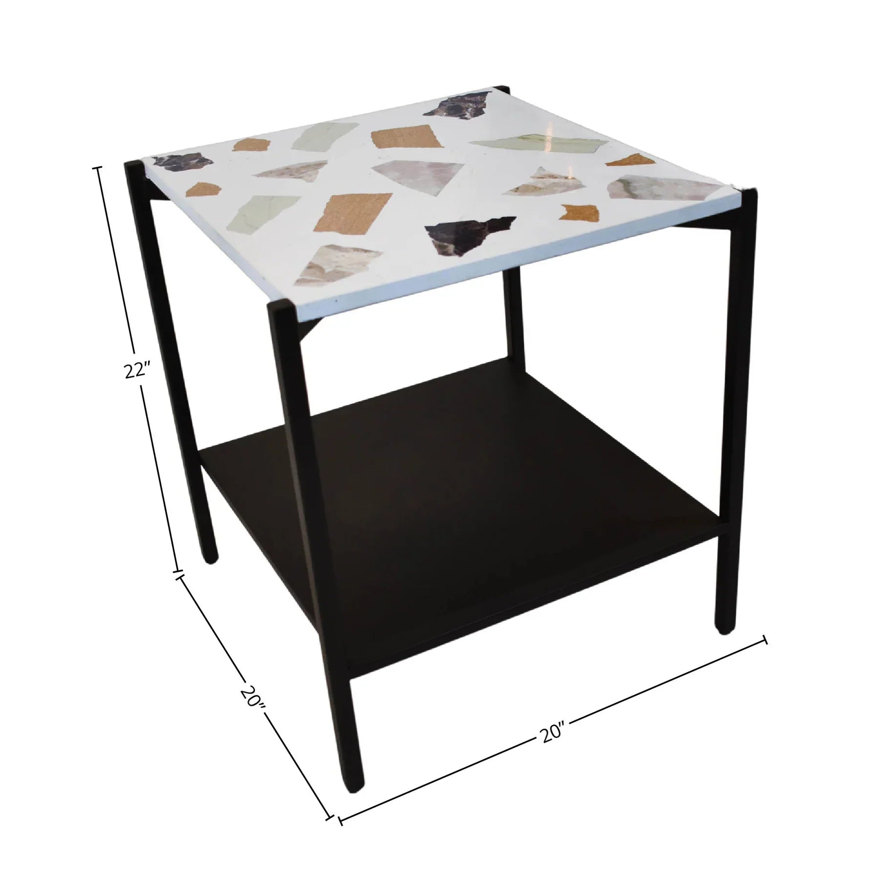 Three-quarter view of a square side table featuring a white mosaic terrazzo top and a black metal frame with a lower storage shelf