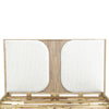 Close-up perspective shot showcasing the tactile contrast between the soft bouclé and the architectural wood slats