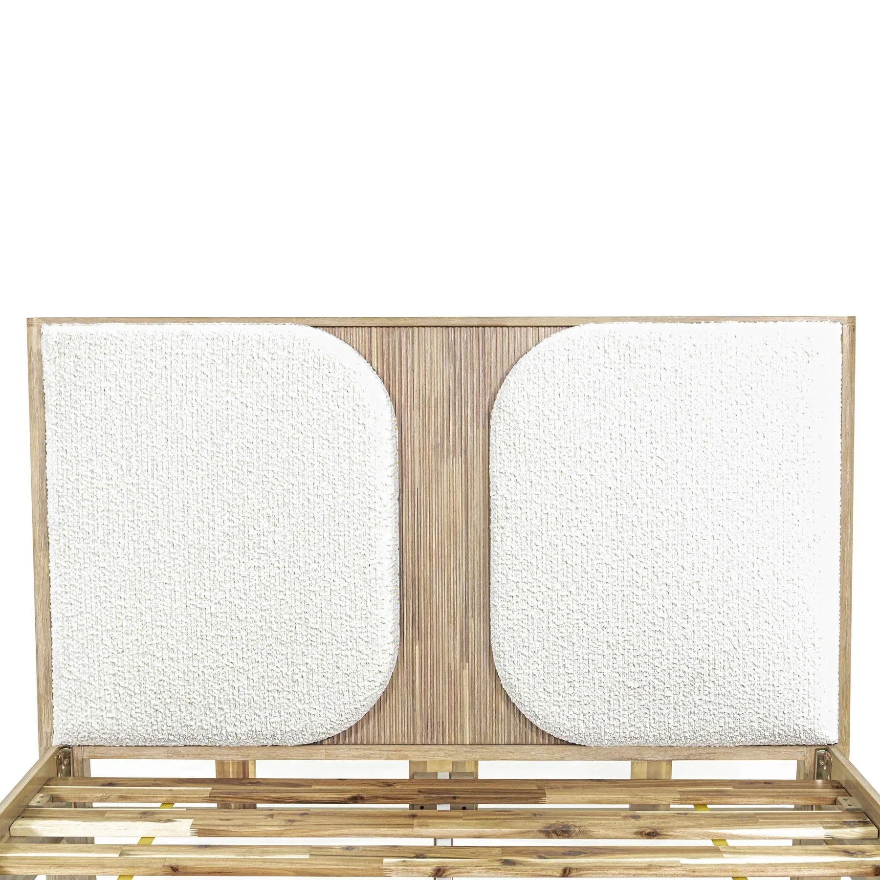 Front view of the Haru platform bed featuring a light driftwood frame and twin white bouclé upholstered headboard inserts
