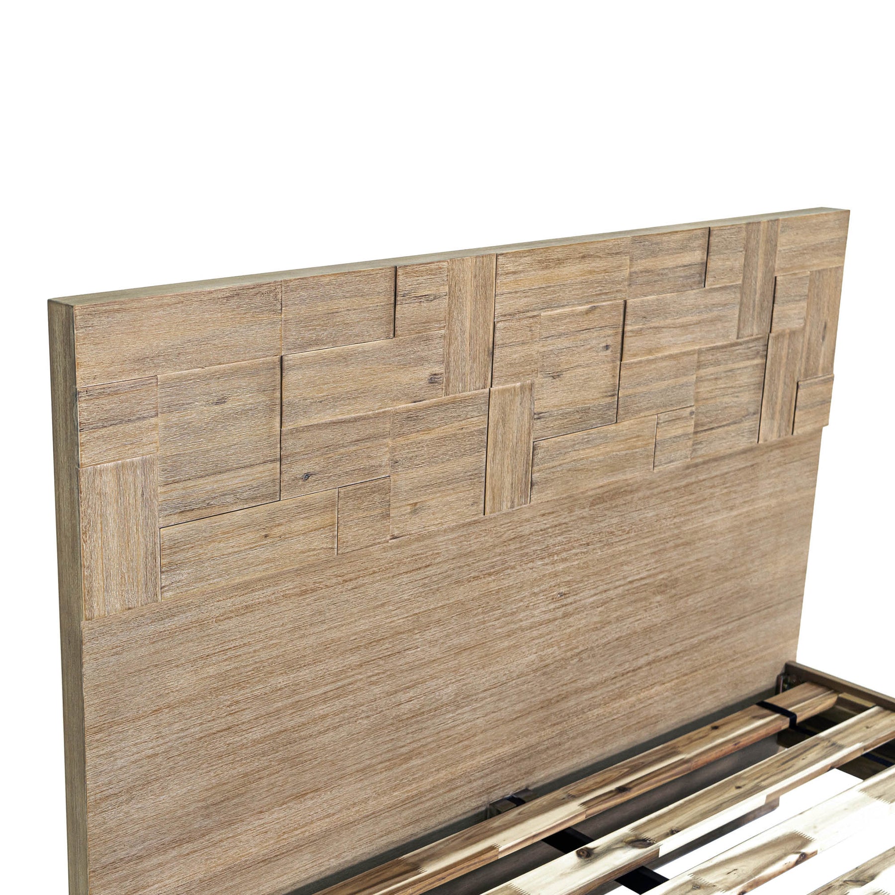 Front view of the Atlantis platform bed featuring a tall headboard with a unique patchwork wood inlay and light driftwood finish
