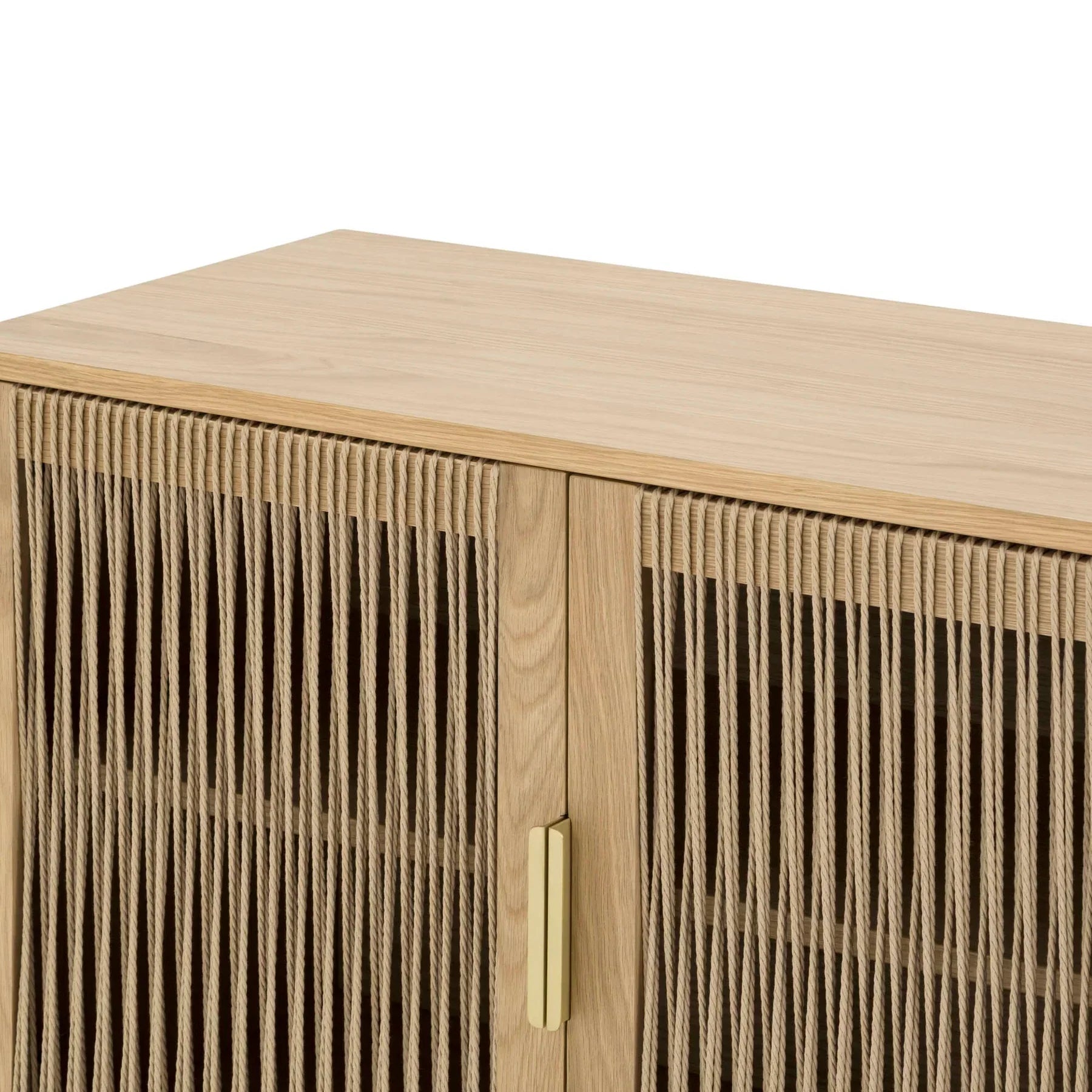 Front perspective view of the Lumina 4-door sideboard featuring a light oak wood frame, fluted glass door panels, and elegant vertical gold metal handles