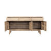 Straight-on front view with all cabinet doors open to reveal spacious internal storage and full-length wooden shelves