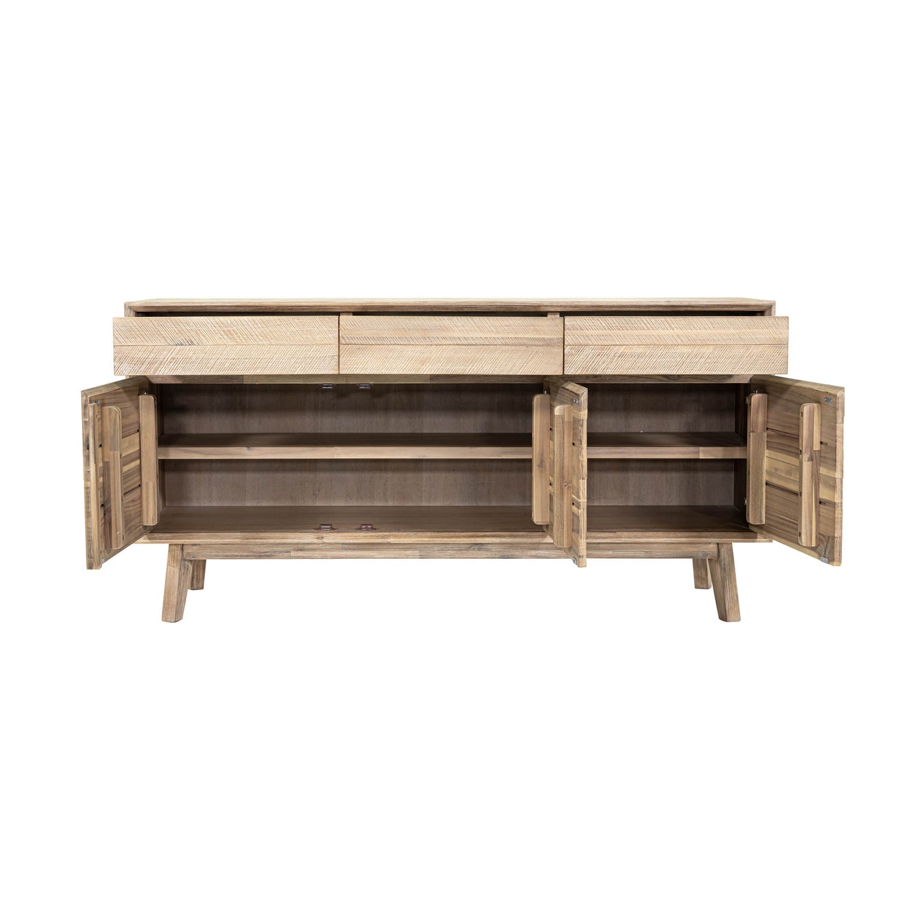Front perspective view of the Gia sideboard featuring natural wood construction with horizontal textured paneling and three top drawers