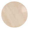 Top-down view showcasing the circular cream stone tabletop and its organic pitted texture