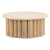 Front view of the Thandi coffee table featuring a circular cream stone top and a natural fluted wood pedestal base