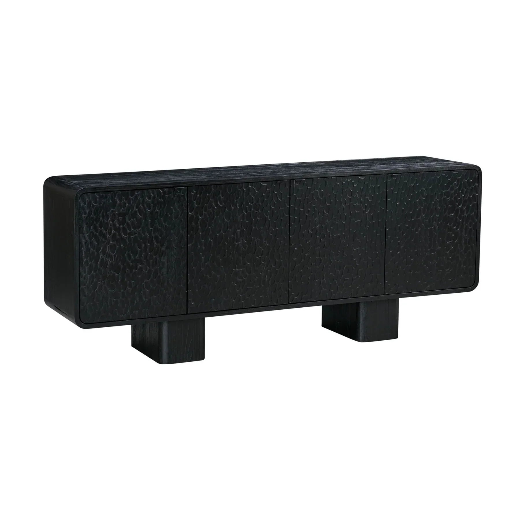 Three-quarter perspective view of the Tonic sideboard featuring a matte black finish with a unique hammered texture on the door panels and chunky block feet