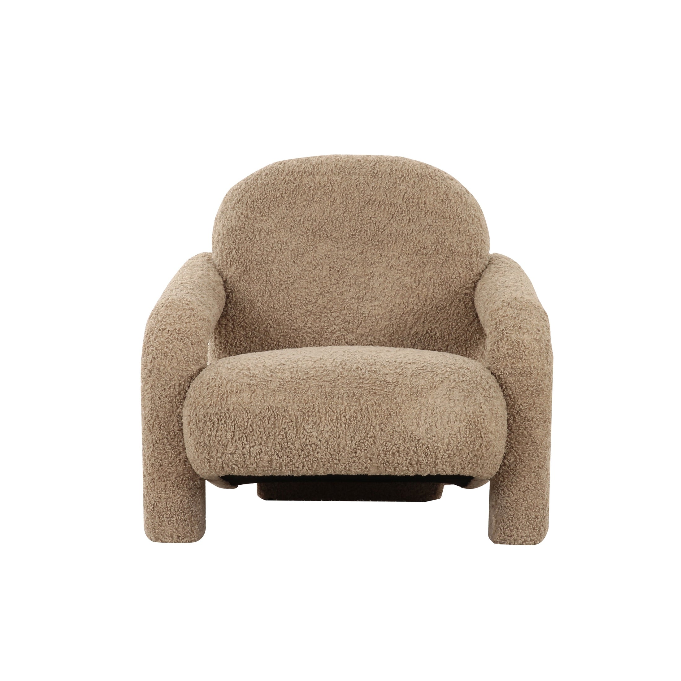 Front view of the Tornby Arm Chair in taupe teddy fabric featuring oversized tubular armrests and a rounded silhouette