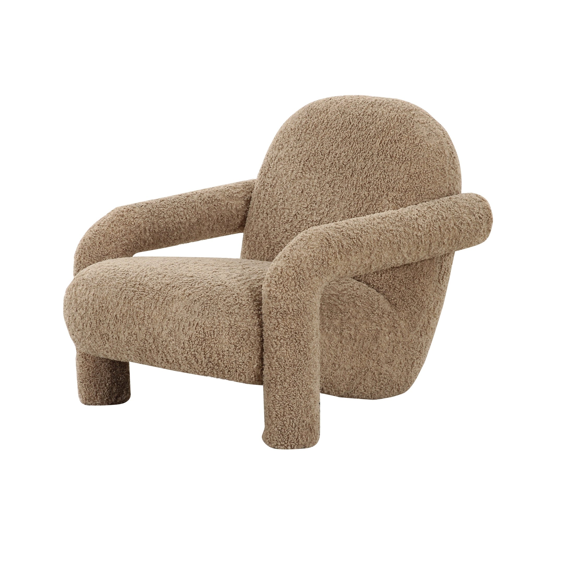 Front view of the Tornby Arm Chair in taupe teddy fabric featuring oversized tubular armrests and a rounded silhouette