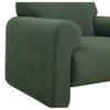 Close-up of the thick rounded armrest highlighting the soft textured weave upholstery