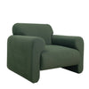Three-quarter perspective of the green Torvi chair highlighting the thick roll arms and deep seat