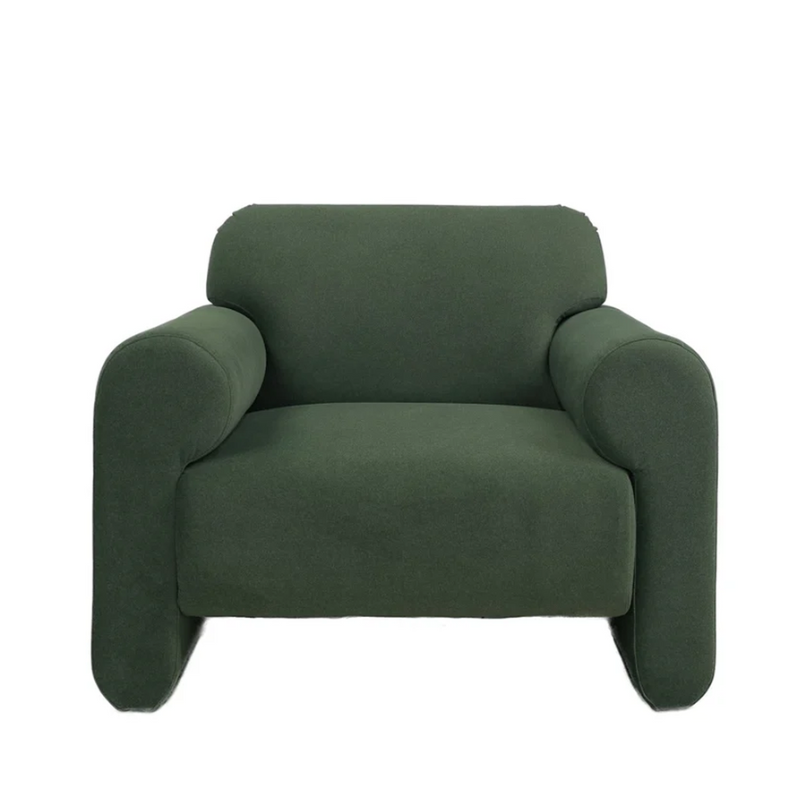 Front view of the Torvi Roll Arm Accent Chair in forest green textured fabric with an oversized rounded silhouette