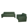 Lifestyle shot featuring the green Torvi accent chair paired with the matching 3-seater sofa