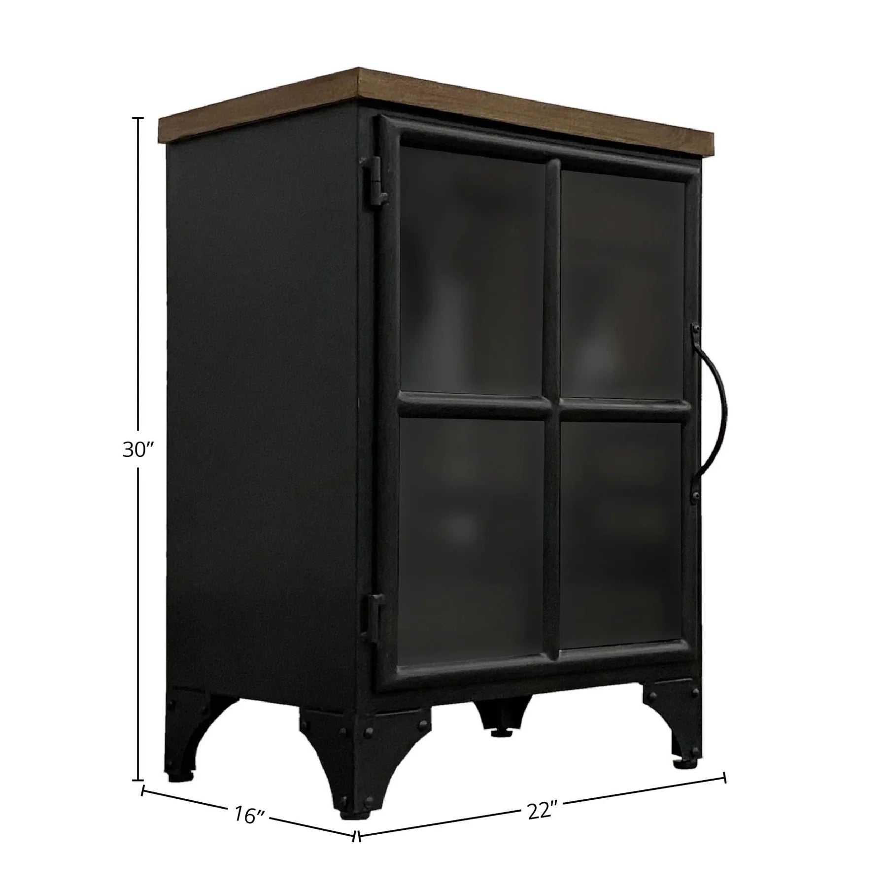 Three-quarter view of the Tradition side table featuring a black metal body with a four-pane glass door and a warm wood slab top