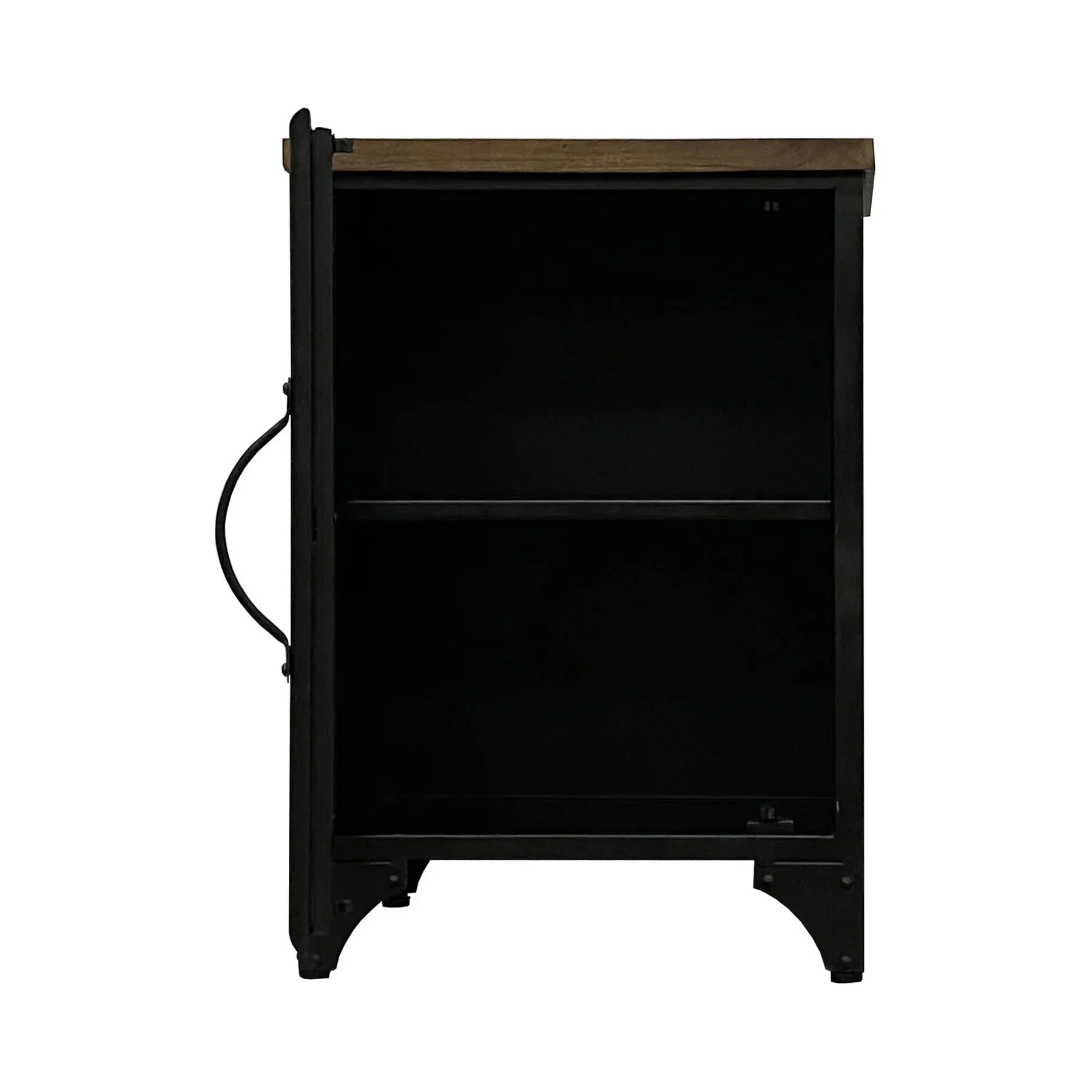 Three-quarter view of the Tradition side table featuring a black metal body with a four-pane glass door and a warm wood slab top