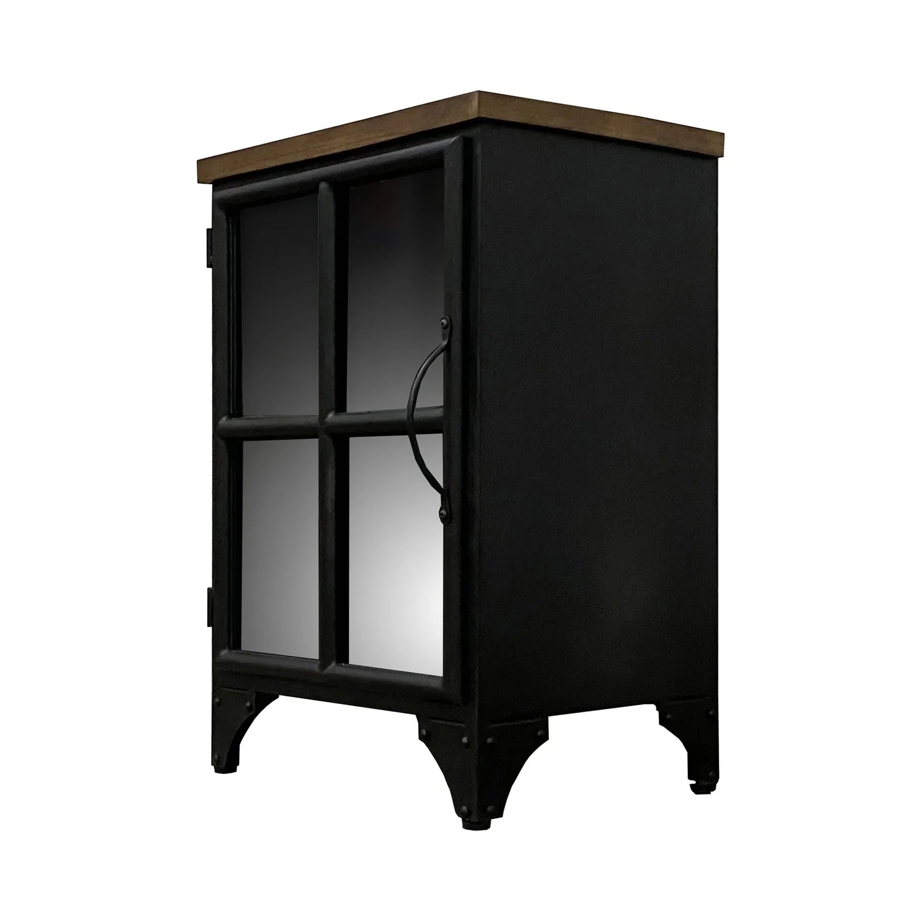 Three-quarter view of the Tradition side table featuring a black metal body with a four-pane glass door and a warm wood slab top