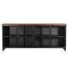 Front view of the Tradition sideboard featuring a rich solid acacia wood construction with four storage doors and a minimalist tapered leg base