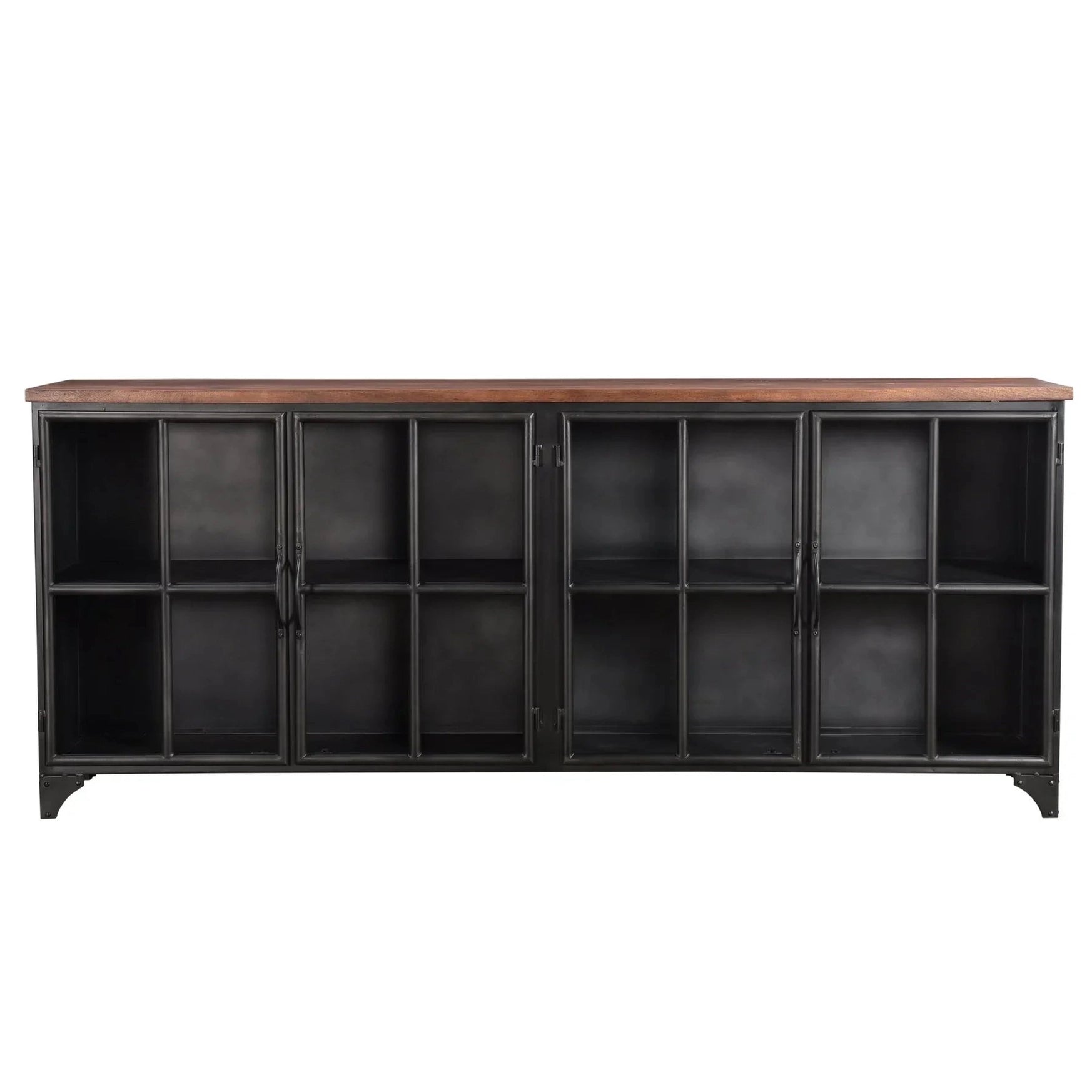 Front view of the Tradition sideboard featuring a rich solid acacia wood construction with four storage doors and a minimalist tapered leg base