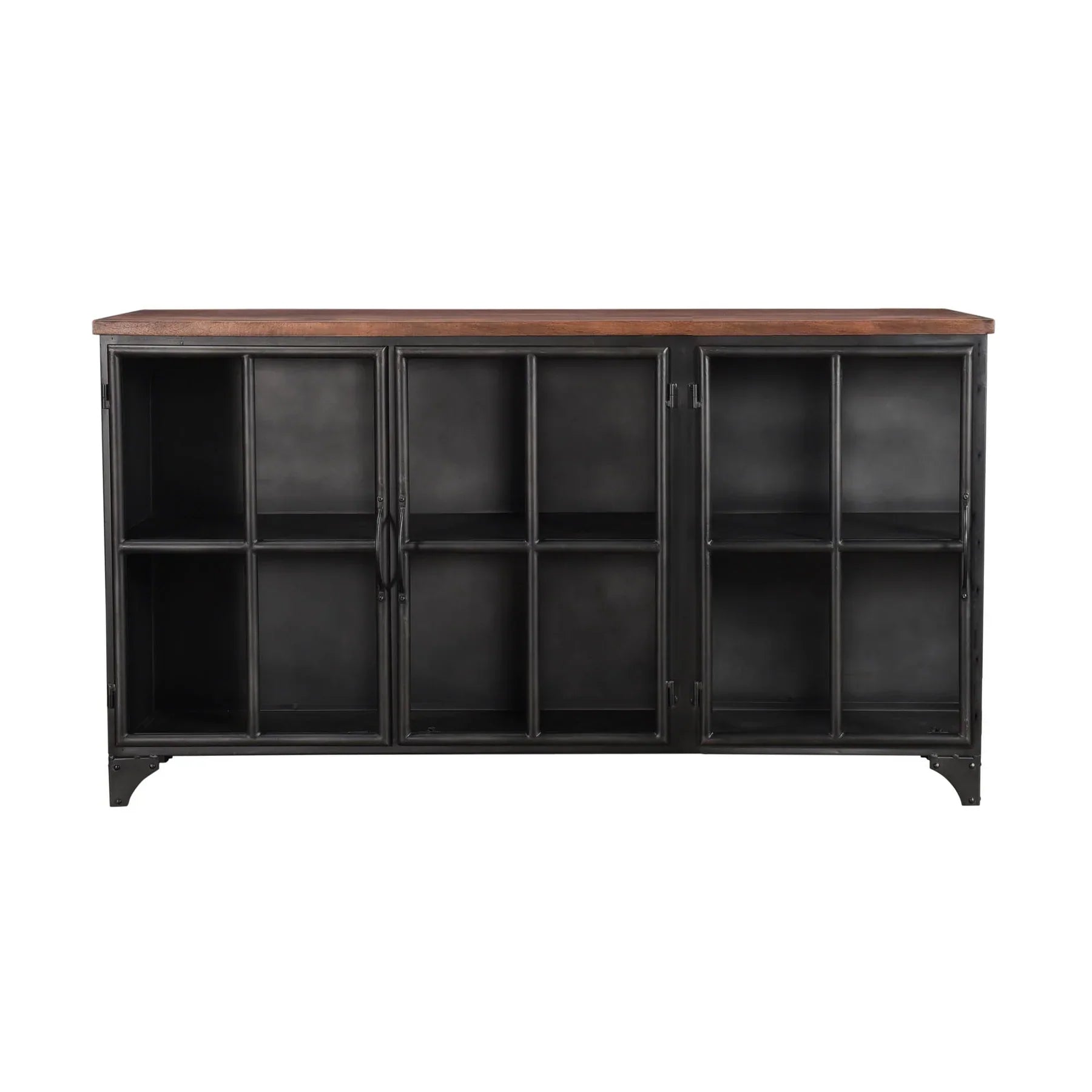 Front view of the Tradition sideboard featuring a rich solid acacia wood construction with integrated drawer pulls and a minimalist tapered leg base