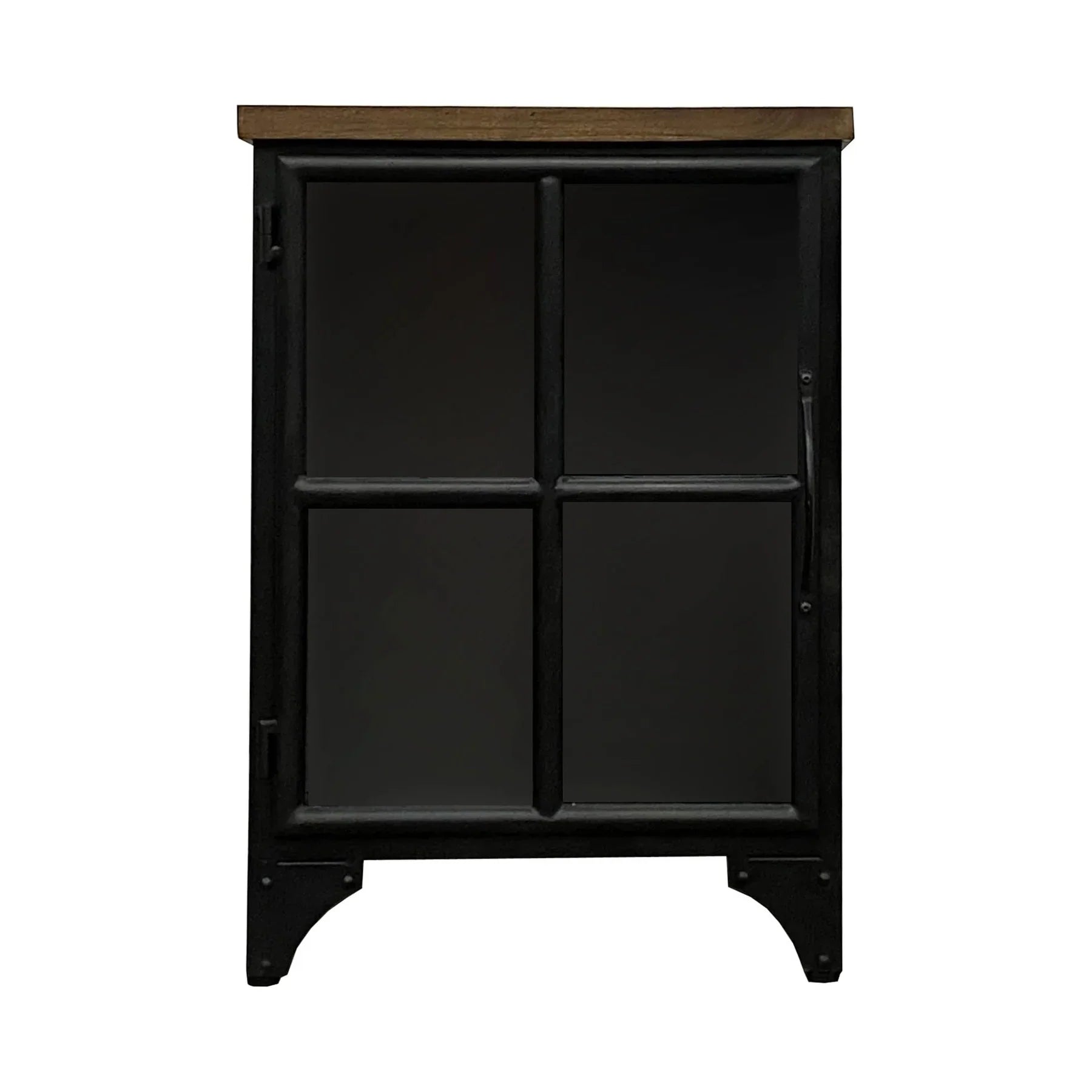 Three-quarter view of the Tradition side table featuring a black metal body with a four-pane glass door and a warm wood slab top