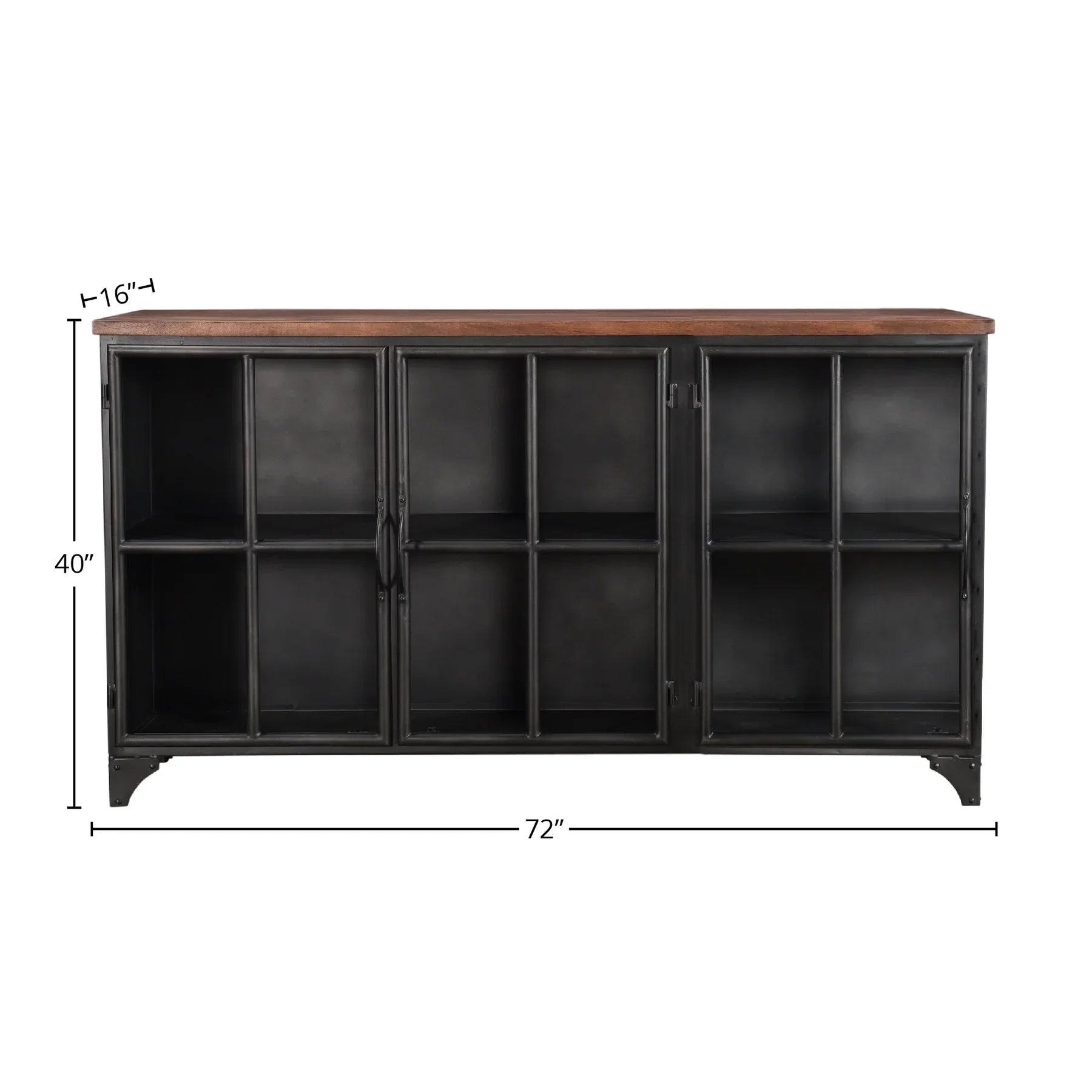 Front view of the Tradition sideboard featuring a rich solid acacia wood construction with integrated drawer pulls and a minimalist tapered leg base