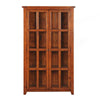 Straight-on front view highlighting the symmetrical two-door layout and slim profile of the display hutch