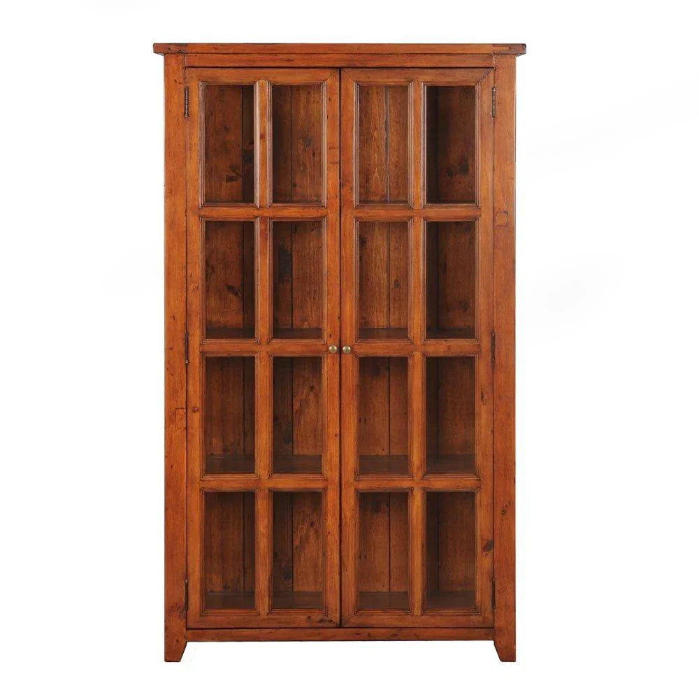 Straight-on front view highlighting the symmetrical two-door layout and slim profile of the display hutch