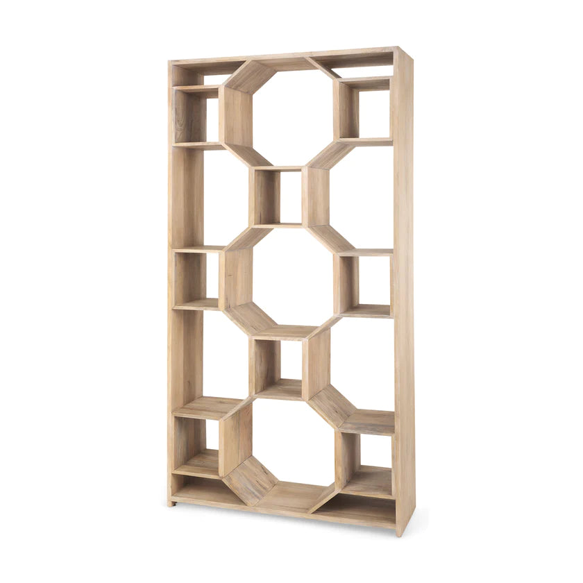 Three-quarter perspective view of the Traro shelving unit in blonde wood featuring a unique geometric honeycomb compartment design