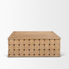Front view of the Trellyn square coffee table featuring a light natural wood finish and a unique hand-carved woven pattern base